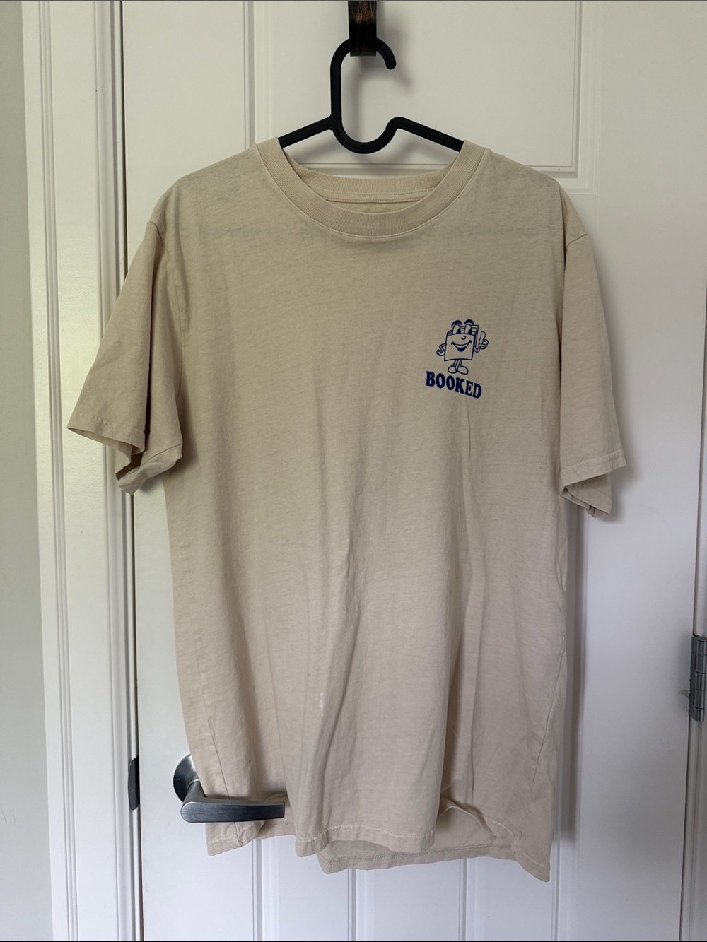 Simons Beige Tee with Blue 'Booked' Chest Graphic